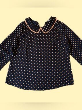 NWT~Navy Blouse, Tan Dots, Peter Pan Collar, Mod, Dolly, Coquette, Women’s Large